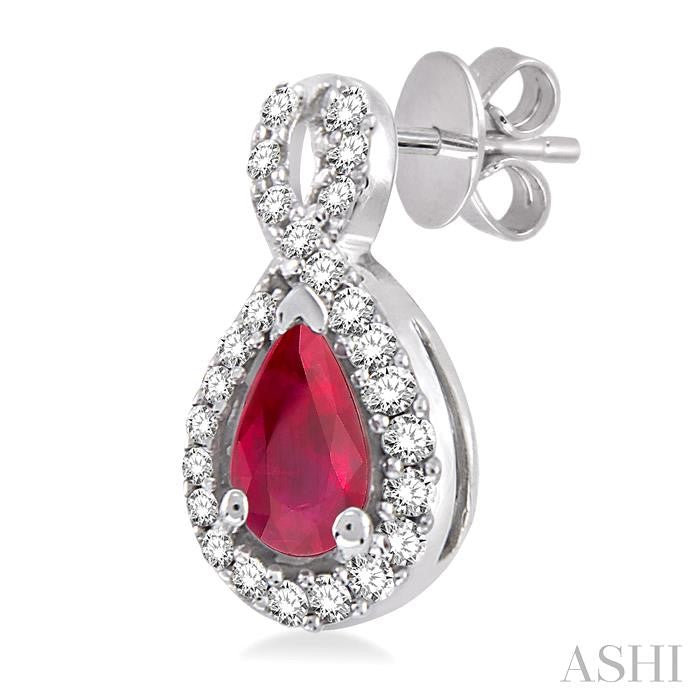 5x3 MM Pear Shape Ruby and 1/6 Ctw Round Cut Diamond Earrings in 14K White Gold
