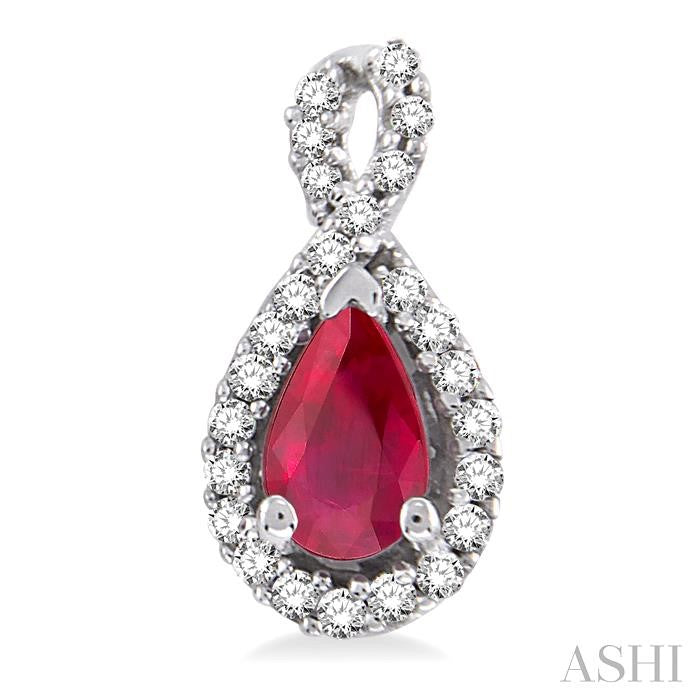 5x3 MM Pear Shape Ruby and 1/6 Ctw Round Cut Diamond Earrings in 14K White Gold
