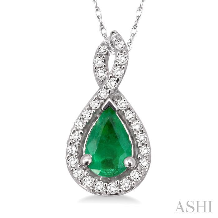 6x4 MM Pear Shape Emerald and 1/10 ctw Round Cut Diamond Pendant in 14K White Gold with Chain