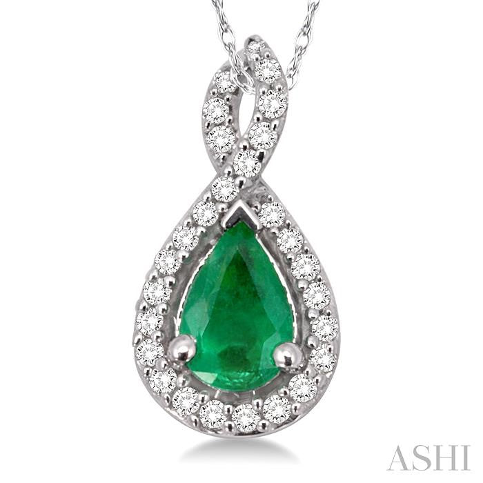 6x4 MM Pear Shape Emerald and 1/10 ctw Round Cut Diamond Pendant in 14K White Gold with Chain