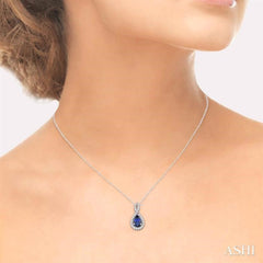 6x4 MM Pear Shape Sapphire and 1/10 ctw Round Cut Diamond Pendant in 14K White Gold with Chain