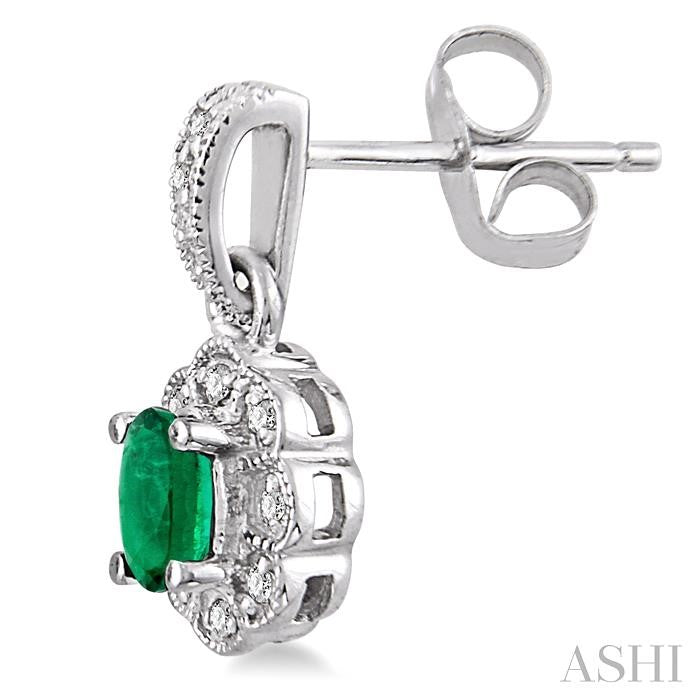 5x3 MM Oval Cut Emerald and 1/10 Ctw Single Cut Diamond Earrings in 14K White Gold