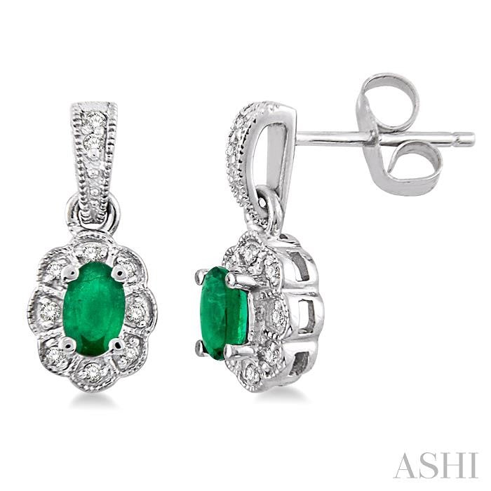 5x3 MM Oval Cut Emerald and 1/10 Ctw Round Cut Diamond Earrings in 14K White Gold