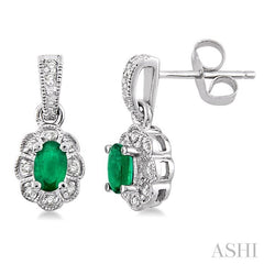 5x3 MM Oval Cut Emerald and 1/10 Ctw Single Cut Diamond Earrings in 14K White Gold
