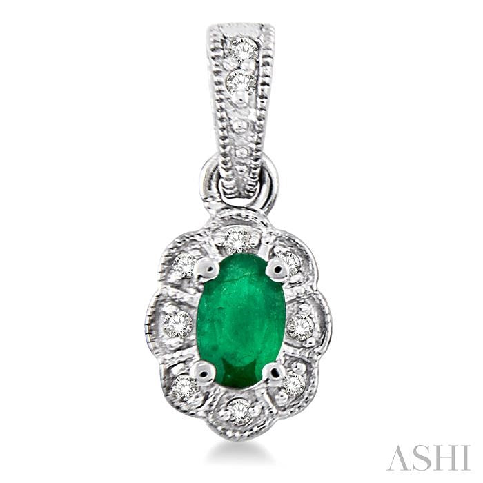 5x3 MM Oval Cut Emerald and 1/10 Ctw Single Cut Diamond Earrings in 14K White Gold