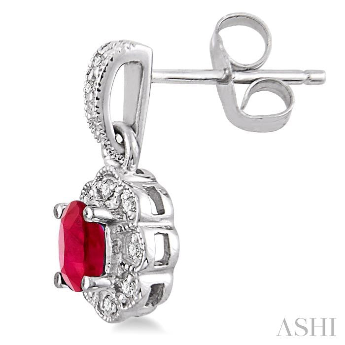 5x3 MM Oval Cut Ruby and 1/10 Ctw Single Cut Diamond Earrings in 14K White Gold