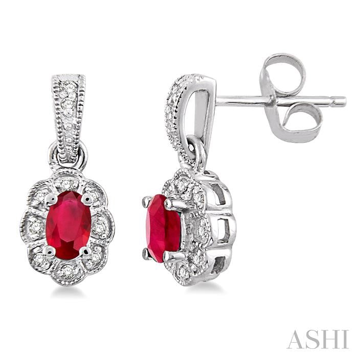 5x3 MM Oval Cut Ruby and 1/10 Ctw Single Cut Diamond Earrings in 14K White Gold