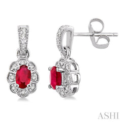 5x3 MM Oval Cut Ruby and 1/10 Ctw Single Cut Diamond Earrings in 14K White Gold