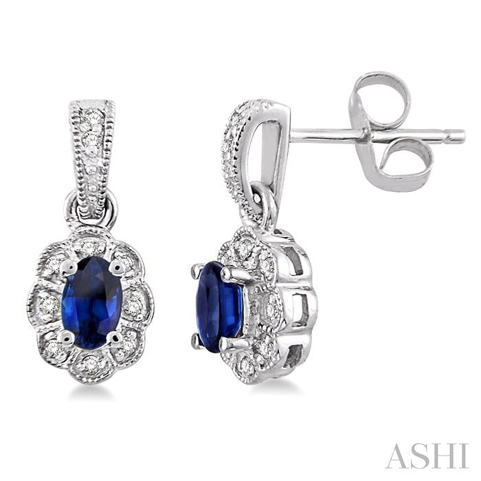 5x3 MM Oval Cut Sapphire and 1/10 Ctw Round Cut Diamond Earrings in 14K White Gold