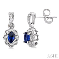 5x3 MM Oval Cut Sapphire and 1/10 Ctw Round Cut Diamond Earrings in 14K White Gold