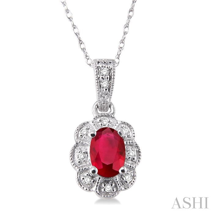 6x4 MM Oval Cut Ruby and 1/20 ctw Single Cut Diamond Pendant in 14K White Gold with Chain