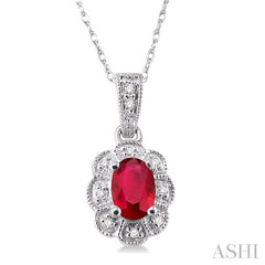 6x4 MM Oval Cut Ruby and 1/20 ctw Single Cut Diamond Pendant in 14K White Gold with Chain