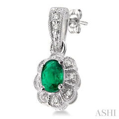 5x3 MM Oval Cut Emerald and 1/10 Ctw Single Cut Diamond Earrings in 10K White Gold