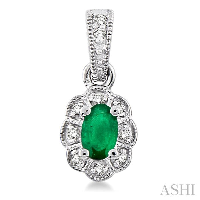 5x3 MM Oval Cut Emerald and 1/10 Ctw Single Cut Diamond Earrings in 10K White Gold