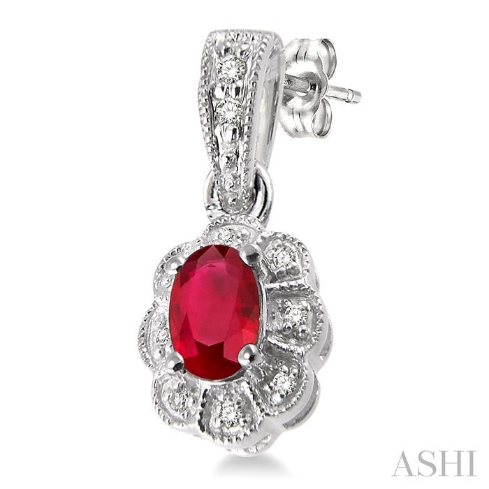 5x3 MM Oval Cut Ruby and 1/10 Ctw Single Cut Diamond Earrings in 10K White Gold
