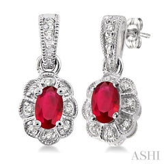 5x3 MM Oval Cut Ruby and 1/10 Ctw Round Cut Diamond Earrings in 10K White Gold