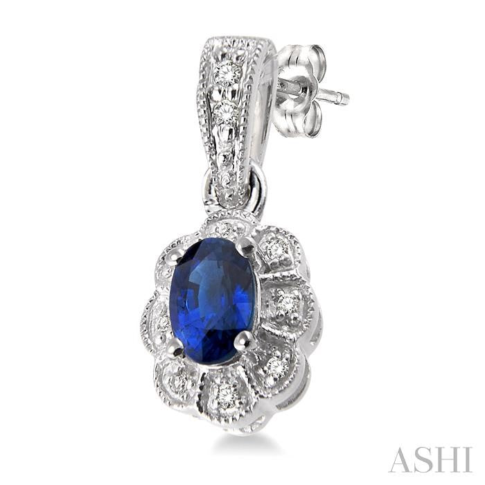 5x3 MM Oval Cut Sapphire and 1/10 Ctw Single Cut Diamond Earrings in 10K White Gold
