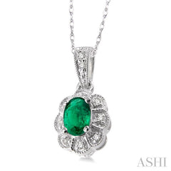 6x4 MM Oval Cut Emerald and 1/20 ctw Single Cut Diamond Pendant in 10K White Gold with Chain