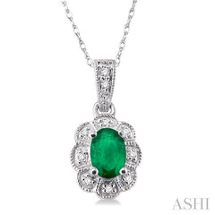 6x4 MM Oval Cut Emerald and 1/20 ctw Single Cut Diamond Pendant in 10K White Gold with Chain