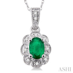 6x4 MM Oval Cut Emerald and 1/20 Ctw Round Cut Diamond Pendant in 10K White Gold with Chain