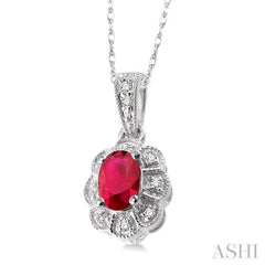 6x4 MM Oval Cut Ruby and 1/20 Ctw Round Cut Diamond Pendant in 10K White Gold with Chain