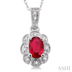 6x4 MM Oval Cut Ruby and 1/20 Ctw Round Cut Diamond Pendant in 10K White Gold with Chain