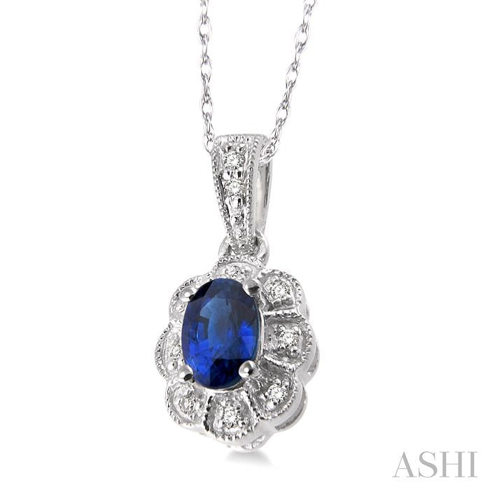 6x4 MM Oval Cut Sapphire and 1/20 Ctw Round Cut Diamond Pendant in 10K White Gold with Chain