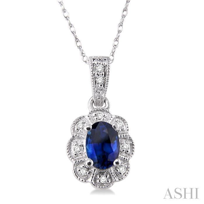 6x4 MM Oval Cut Sapphire and 1/20 Ctw Round Cut Diamond Pendant in 10K White Gold with Chain