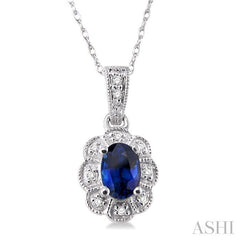 6x4 MM Oval Cut Sapphire and 1/20 Ctw Round Cut Diamond Pendant in 10K White Gold with Chain