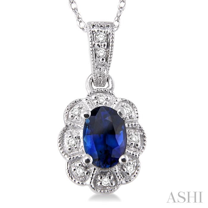 6x4 MM Oval Cut Sapphire and 1/20 Ctw Round Cut Diamond Pendant in 10K White Gold with Chain