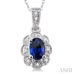 6x4 MM Oval Cut Sapphire and 1/20 Ctw Round Cut Diamond Pendant in 10K White Gold with Chain