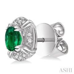 5x3 MM Oval Cut Emerald and 1/10 Ctw Round Cut Diamond Earrings in 14K White Gold
