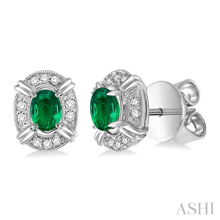 5x3 MM Oval Cut Emerald and 1/10 Ctw Round Cut Diamond Earrings in 14K White Gold