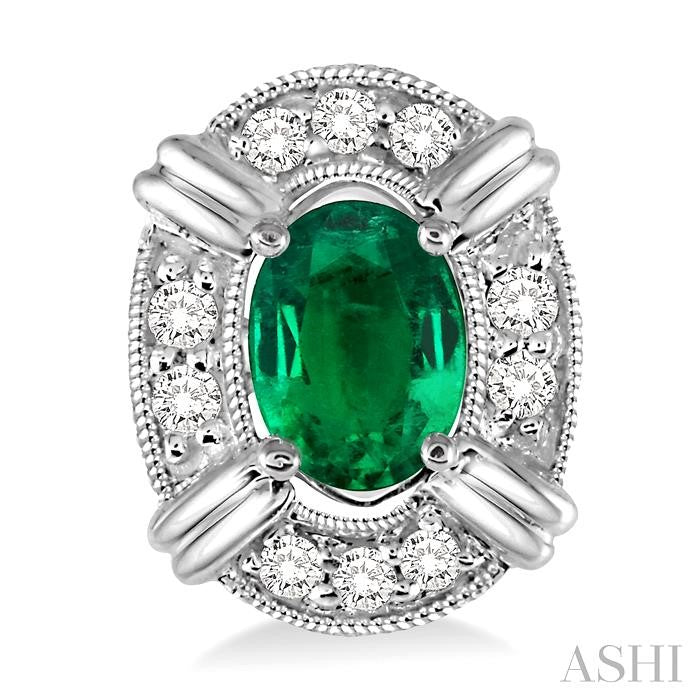 5x3 MM Oval Cut Emerald and 1/10 Ctw Round Cut Diamond Earrings in 14K White Gold