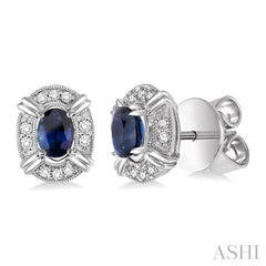 5x3 MM Oval Cut Sapphire and 1/10 Ctw Round Cut Diamond Earrings in 14K White Gold