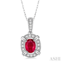 6x4 MM Oval Cut Ruby and 1/10 ctw Single Cut Diamond Pendant in 14K White Gold with Chain