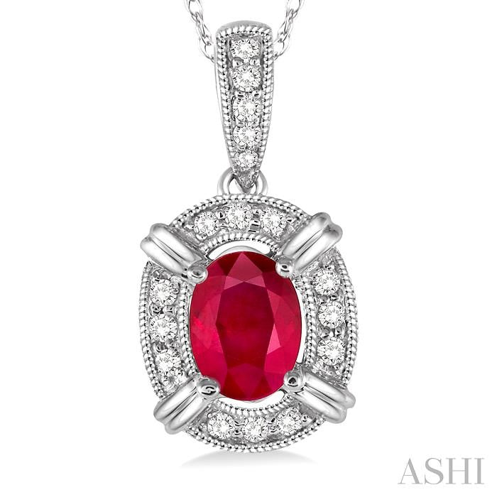 6x4 MM Oval Cut Ruby and 1/10 ctw Single Cut Diamond Pendant in 14K White Gold with Chain