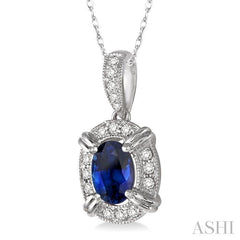 6x4 MM Oval Cut Sapphire and 1/10 Ctw Round Cut Diamond Pendant in 14K White Gold with Chain