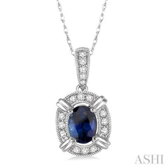 6x4 MM Oval Cut Sapphire and 1/10 ctw Single Cut Diamond Pendant in 14K White Gold with Chain