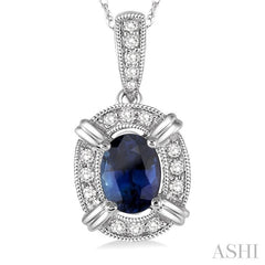 6x4 MM Oval Cut Sapphire and 1/10 ctw Single Cut Diamond Pendant in 14K White Gold with Chain