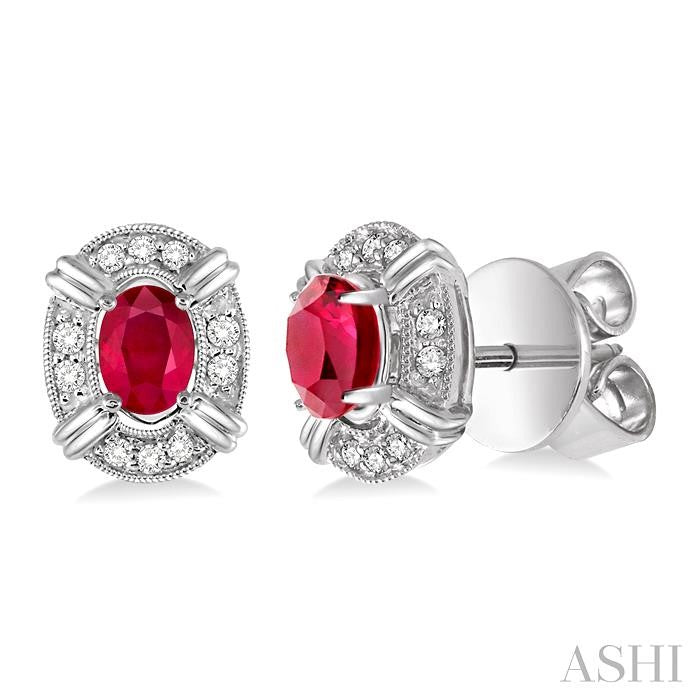 5x3 MM Oval Cut Ruby and 1/10 Ctw Round Cut Diamond Earrings in 10K White Gold