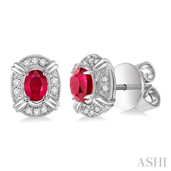 5x3 MM Oval Cut Ruby and 1/10 Ctw Round Cut Diamond Earrings in 10K White Gold