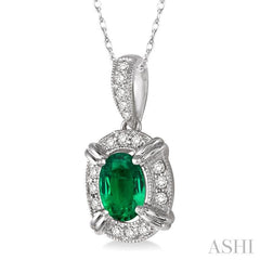 6x4 MM Oval Cut Emerald and 1/10 ctw Single Cut Diamond Pendant in 10K White Gold with Chain