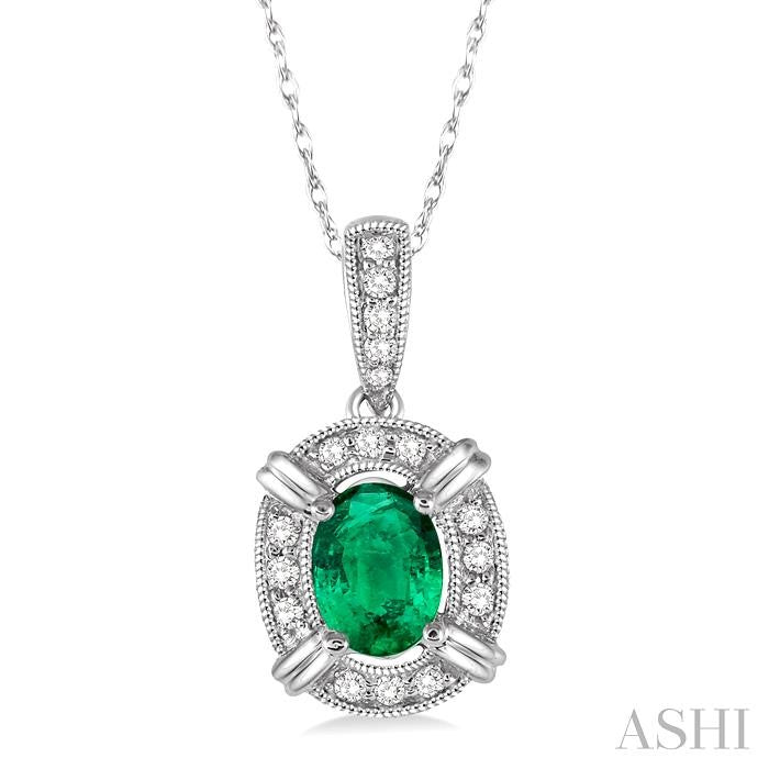 6x4 MM Oval Cut Emerald and 1/10 Ctw Round Cut Diamond Pendant in 10K White Gold with Chain