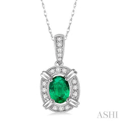 6x4 MM Oval Cut Emerald and 1/10 Ctw Round Cut Diamond Pendant in 10K White Gold with Chain