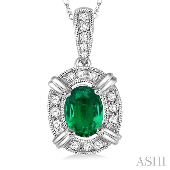 6x4 MM Oval Cut Emerald and 1/10 Ctw Round Cut Diamond Pendant in 10K White Gold with Chain
