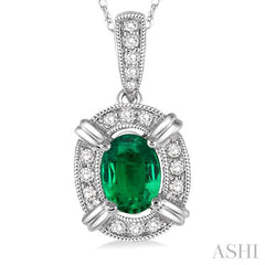 6x4 MM Oval Cut Emerald and 1/10 Ctw Round Cut Diamond Pendant in 10K White Gold with Chain