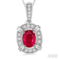 6x4 MM Oval Cut Ruby and 1/10 Ctw Round Cut Diamond Pendant in 10K White Gold with Chain