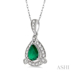 6x4 MM Pear Shape Emerald and 1/10 Ctw Round Cut Diamond Pendant in 14K White Gold with Chain