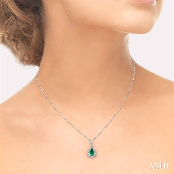 6x4 MM Pear Shape Emerald and 1/10 ctw Round Cut Diamond Pendant in 14K White Gold with Chain